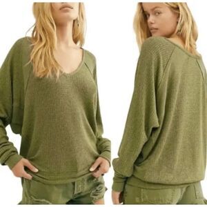 NWT Free People Santa Clara Thermal Waffle Knit Cotton Top Size M Green Furngull